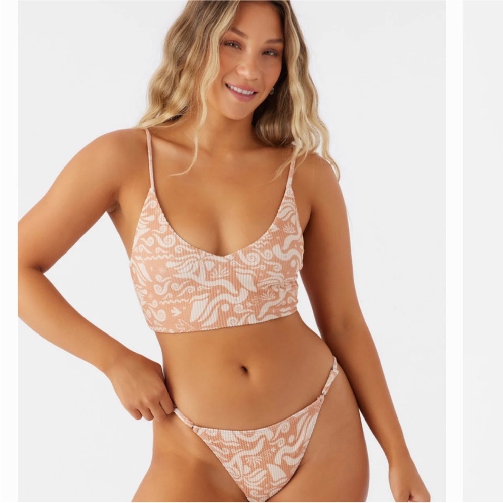 NWT O’Neill Roam Slow Peach Ribbed Bikini Set— longline bralette + tie side